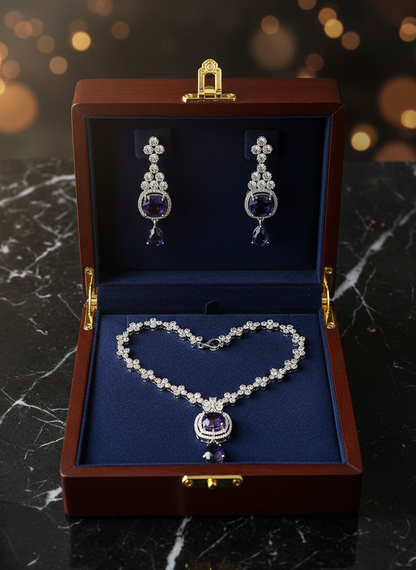 American Diamond Silver-Plated Cocentric Purple Silver Necklace Set