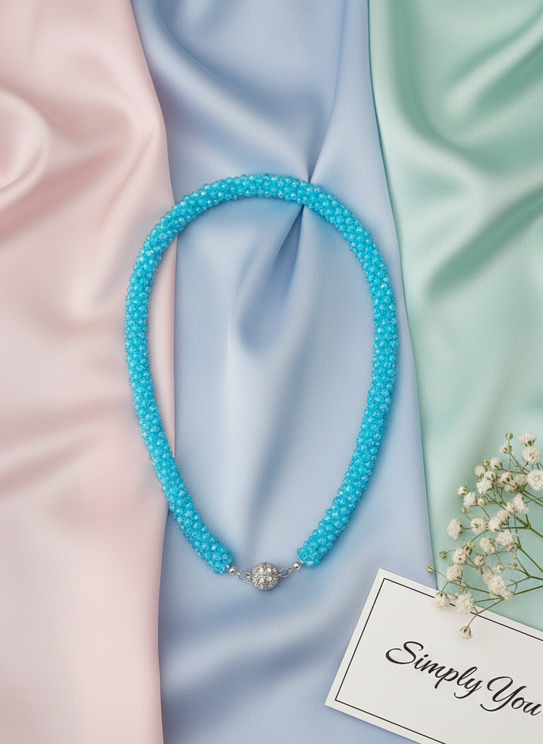 Sky-Blue Shimmer Long Beaded Necklace Set