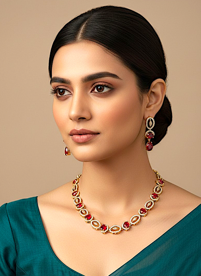 Gold-Plated American Diamond Maroon Royale Necklace Set