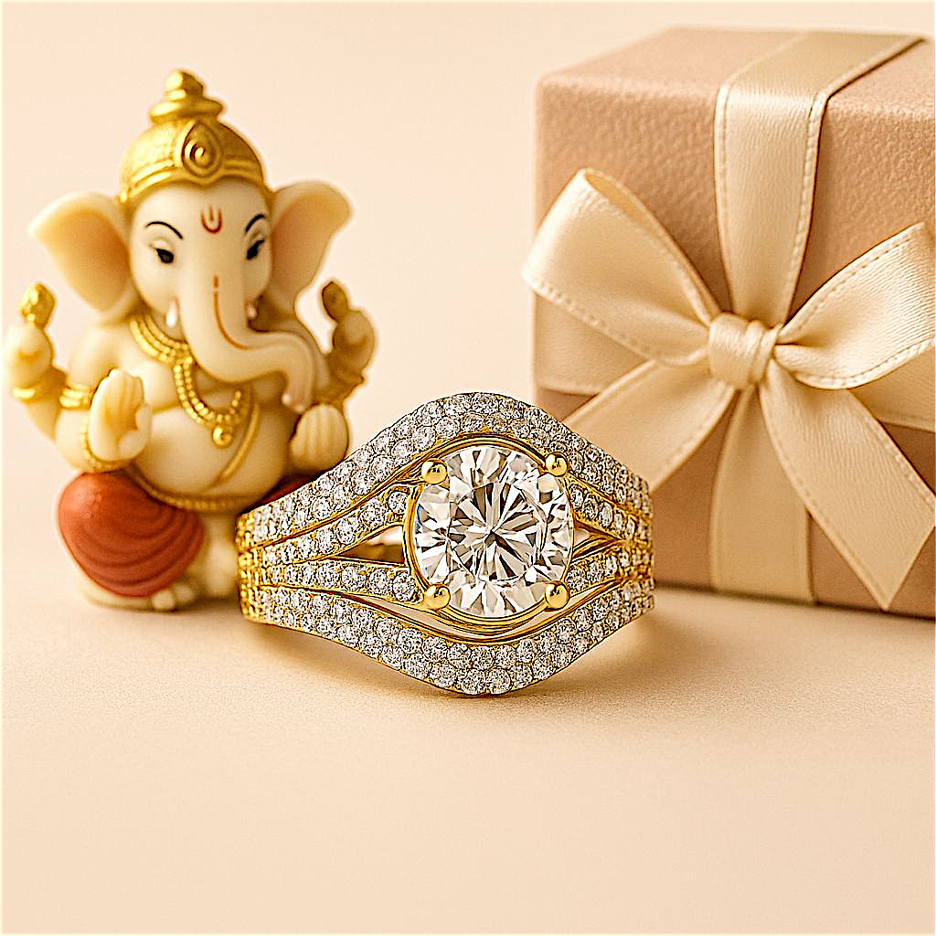 Coruscate Jewels Artisan Crafted Triple-Row Gold-Plated Crystal Cocktail Ring