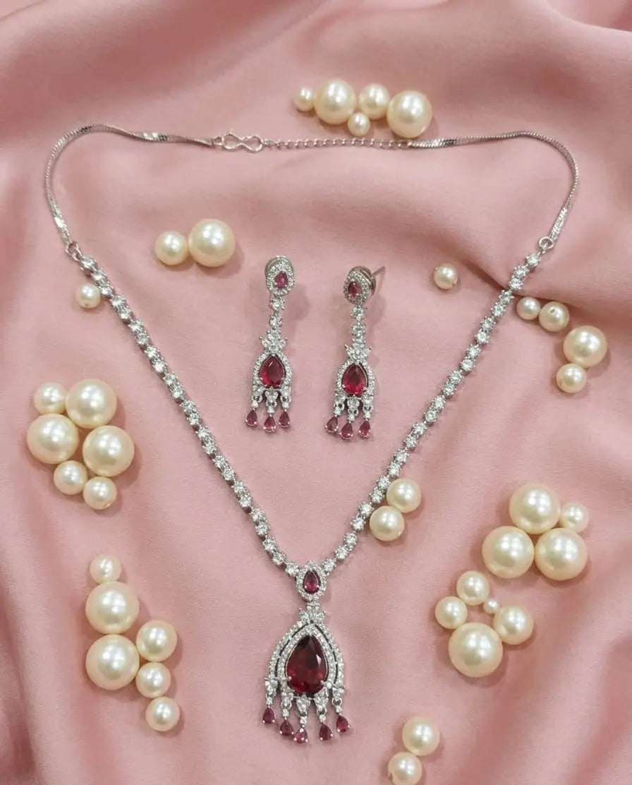 Silver Plated Necklace Set American Diamond Empress Ruby Elegance Coruscate Jewels