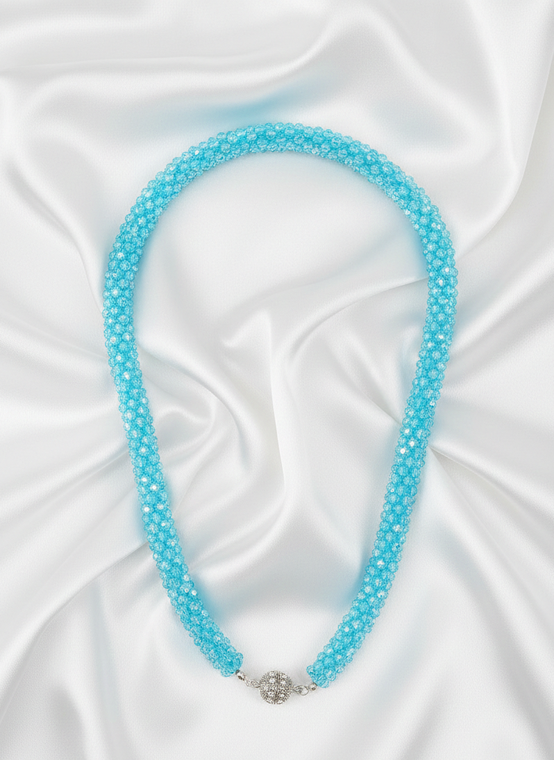 Sky-Blue Shimmer Long Beaded Necklace Set