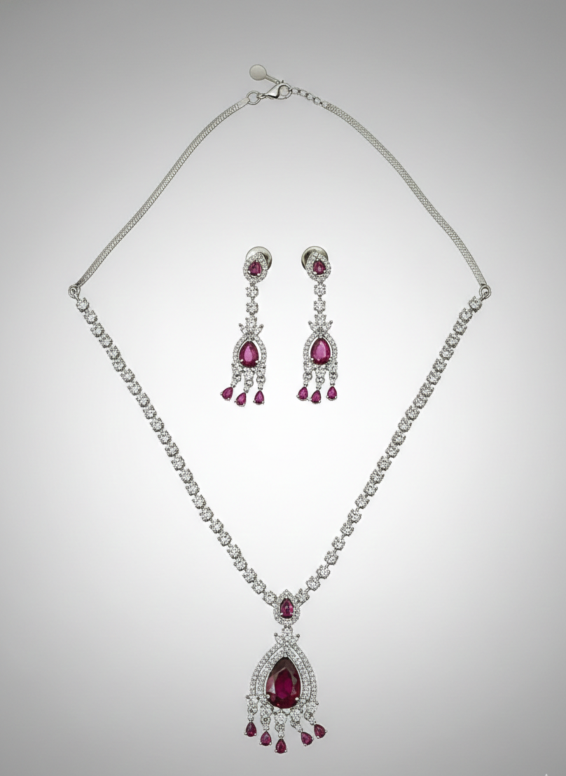 Silver Plated Necklace Set American Diamond Empress Ruby Elegance