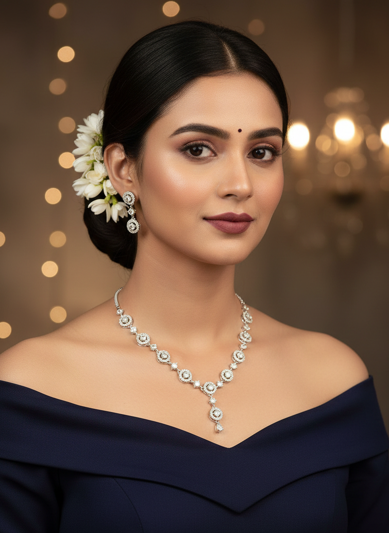 American Diamond Silver Plated Celeste Halo Drop Necklace Set