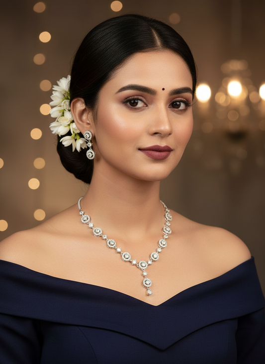 American Diamond Silver Plated Celeste Halo Drop Necklace Set