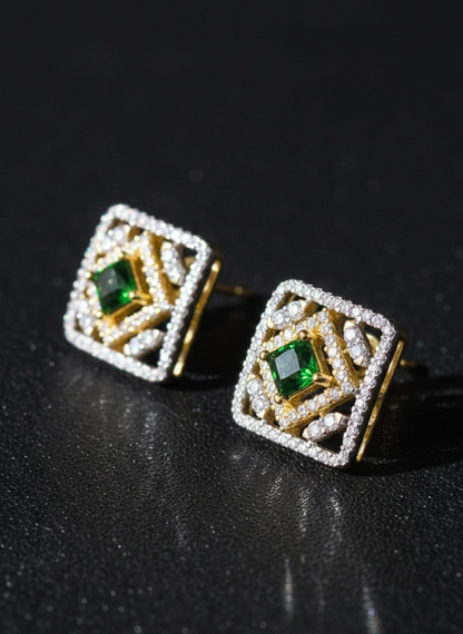 Gold-Plated American Diamond Green Stone Studded Earrings