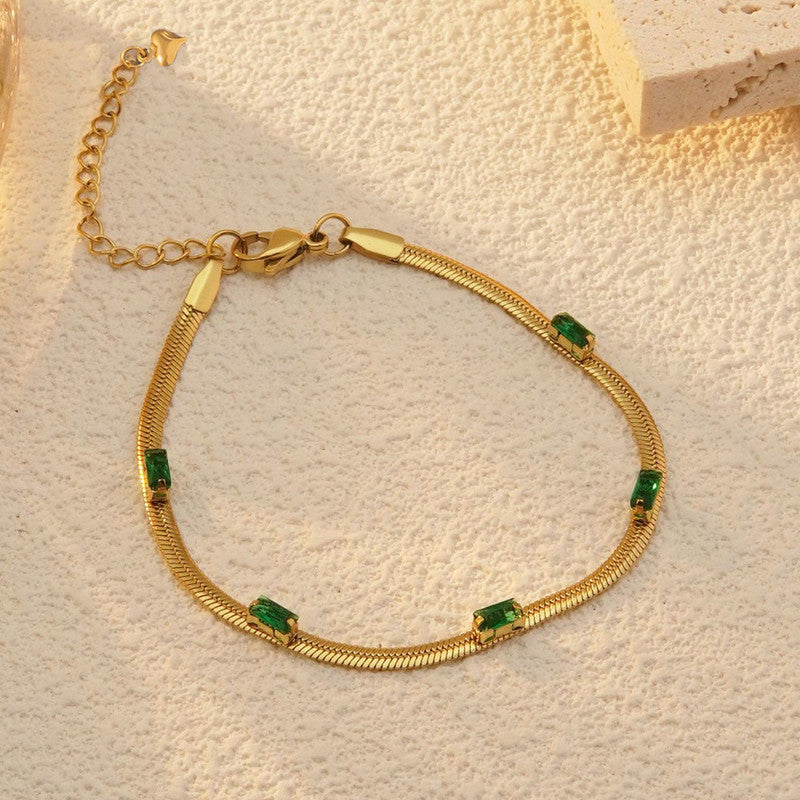 Snake Chain Green Emerald Studded Anti Tarnish Gold Plated
