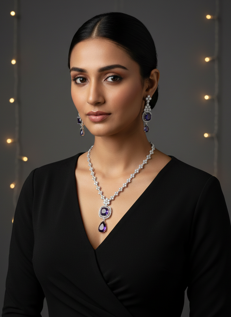 American Diamond Silver-Plated Cocentric Purple Silver Necklace Set