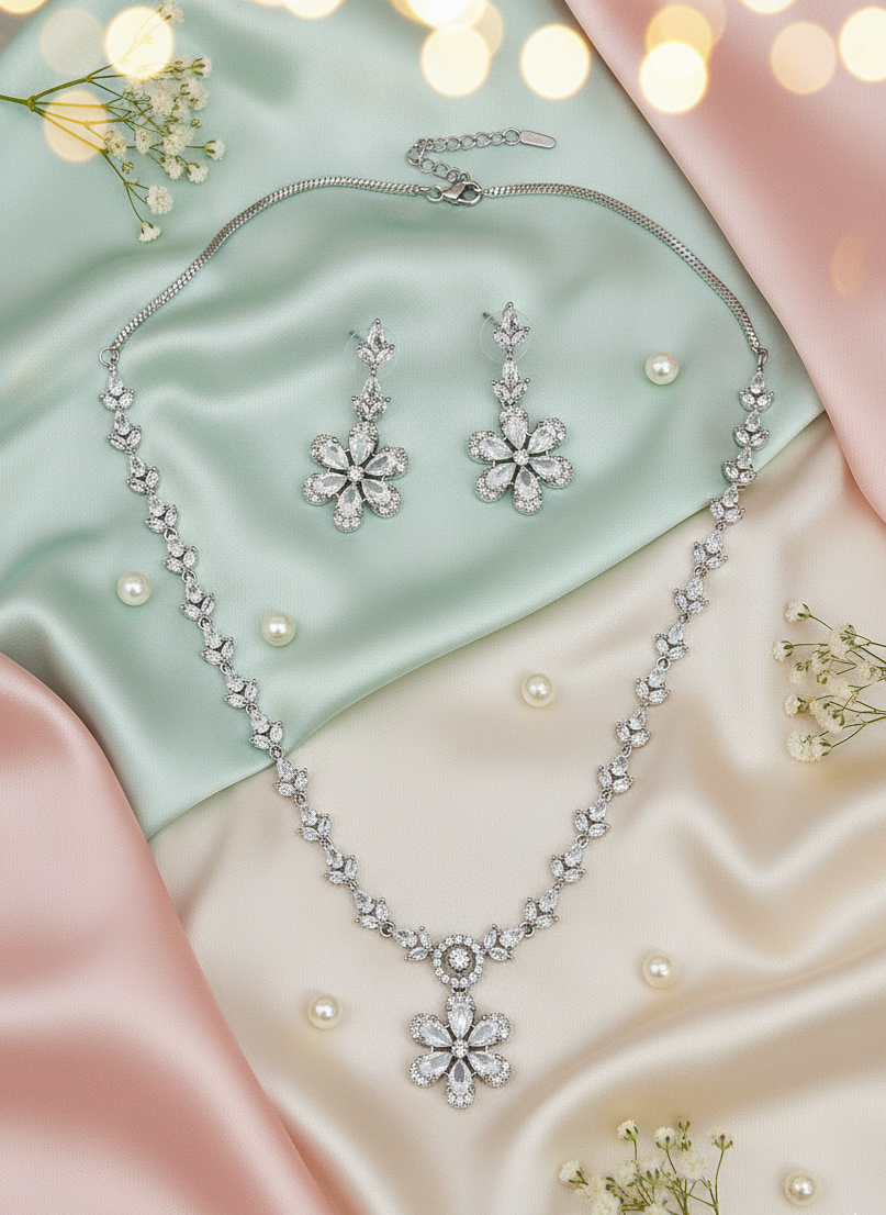 American Diamond Silver-Plated Flower Bloom Necklace Set