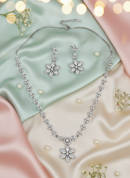 American Diamond Silver-Plated Flower Bloom Necklace Set