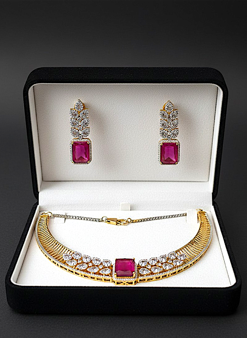 American Diamond Gold-Plated Ruby Leaf Style Necklace Set