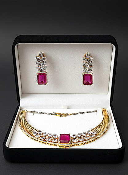 American Diamond Gold-Plated Ruby Leaf Style Necklace Set