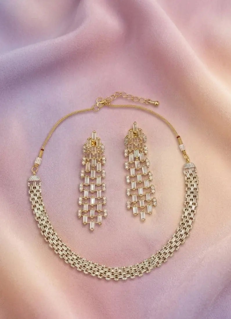 American Diamond Gold-Plated  Baguette Diamond Grace Necklace Set Coruscate Jewels