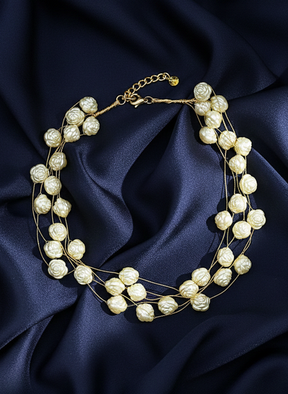 Gold Plated Beaded Thread Rose Pearl Necklace