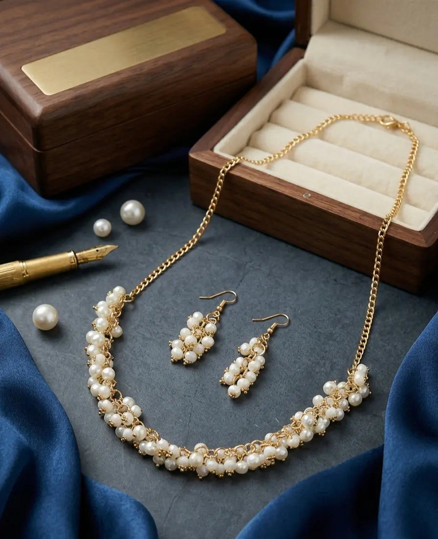 White Beaded Layered Gold Chain Necklace Set Coruscate Jewels