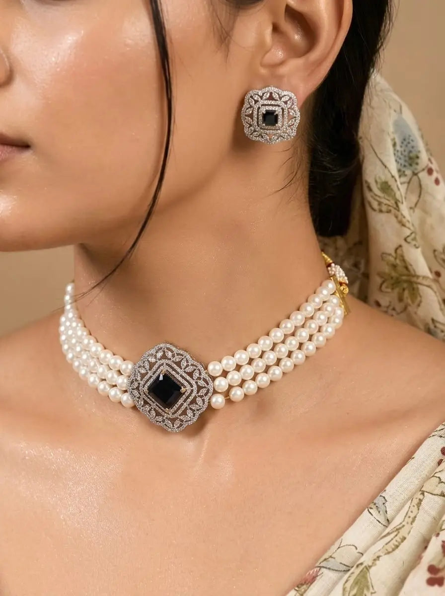 American Diamond Gold Plated Black Pearl Royale Necklace Set Coruscate Jewels