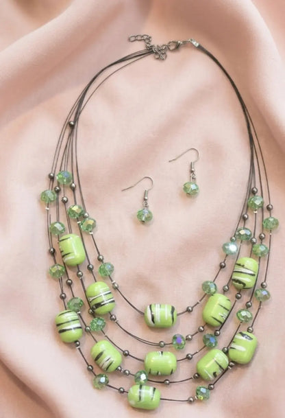 Green Striped Layered Beaded Necklace Set Coruscate Jewels