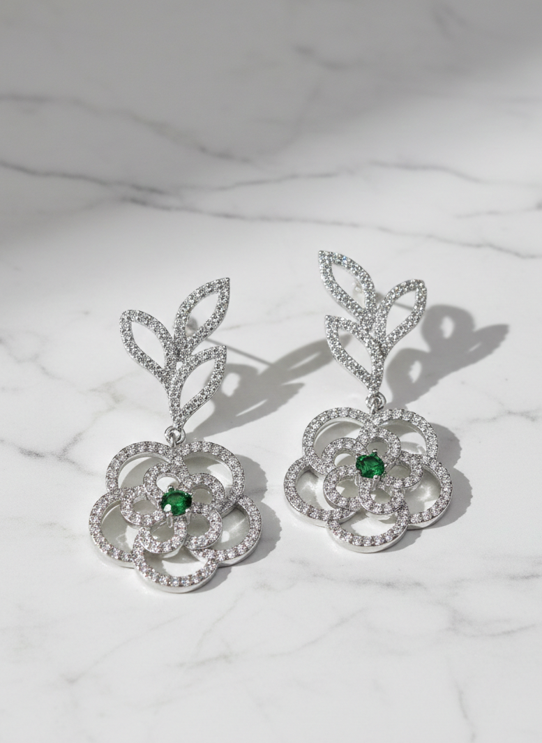 American Diamond Gold Plated Flower Leaf Danglers