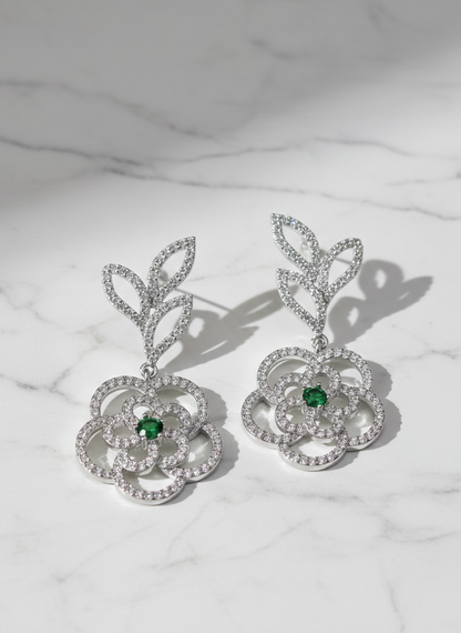 American Diamond Gold Plated Flower Leaf Danglers