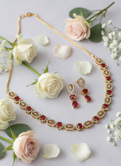 Gold-Plated American Diamond Maroon Royale Necklace Set