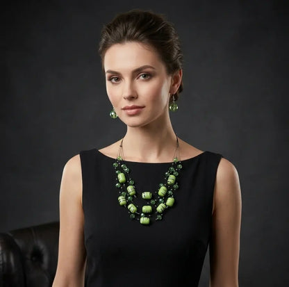 Green Striped Layered Beaded Necklace Set Coruscate Jewels