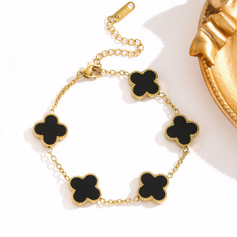 Gold Plated Anti Tarnish Black Clover Bracelet For Girls And Women