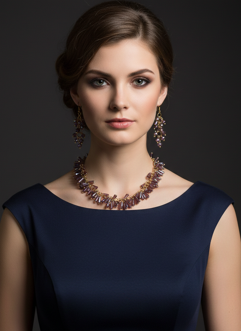 Beaded Purple Necklace Set with Earrings