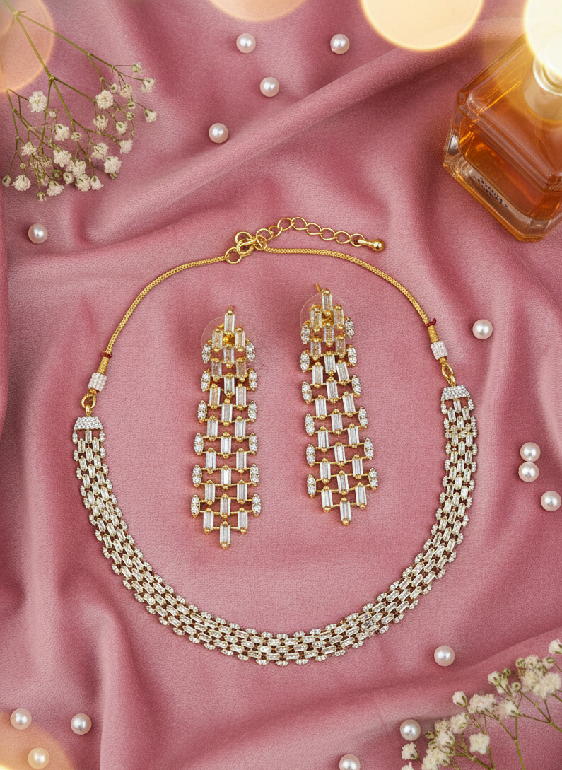 American Diamond Gold-Plated  Baguette Diamond Grace Necklace Set