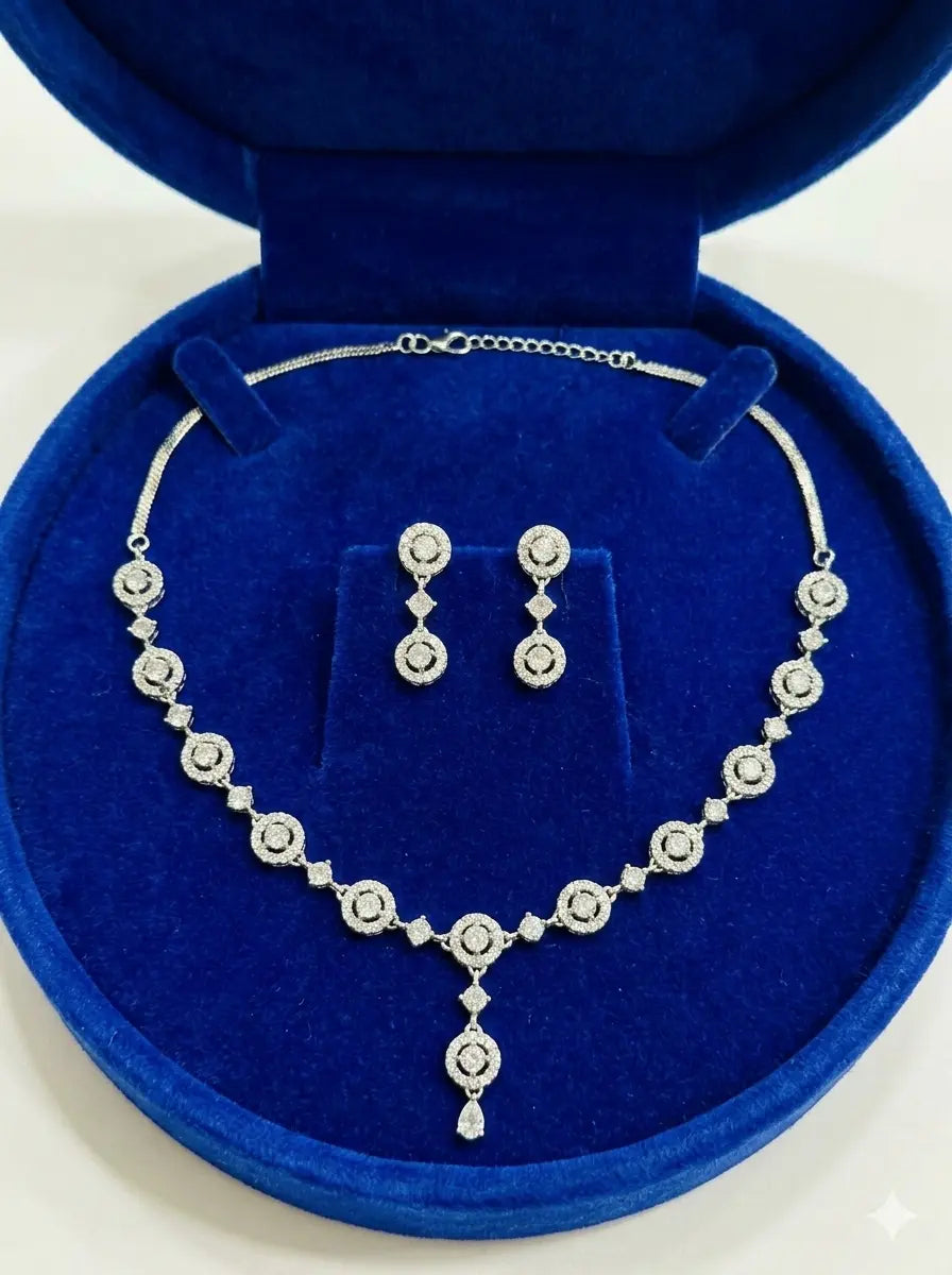 American Diamond Silver Plated Celeste Halo Drop Necklace Set Coruscate Jewels