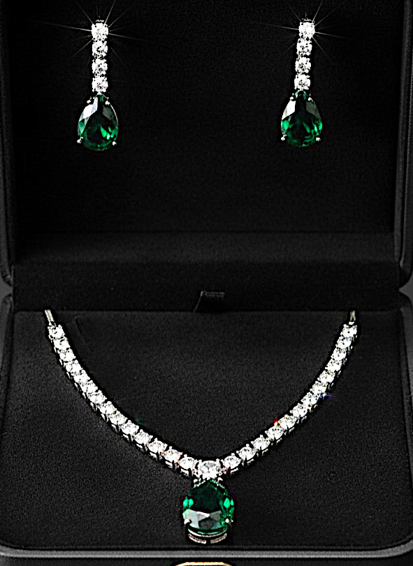 American Diamond Silver-Plated Emerald Royale Drops Necklace Set
