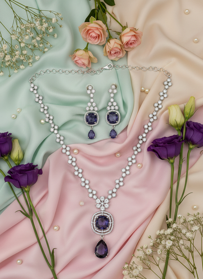 American Diamond Silver-Plated Cocentric Purple Silver Necklace Set