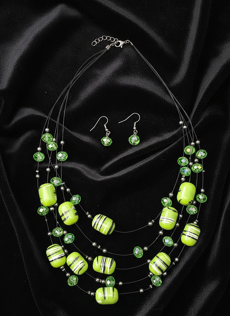 Green Striped Layered Beaded Necklace Set
