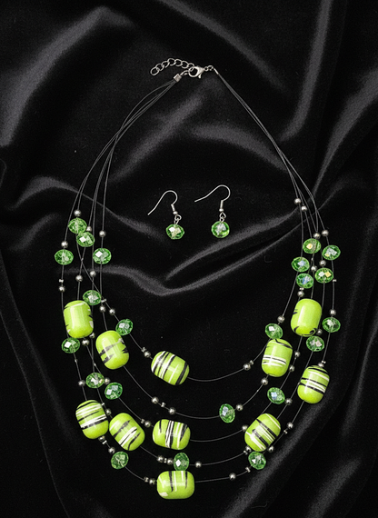 Green Striped Layered Beaded Necklace Set