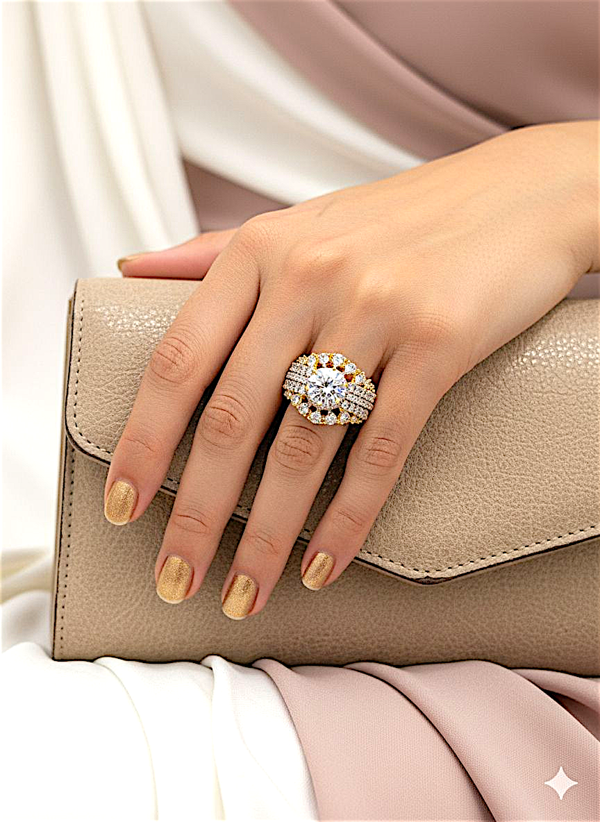 Coruscate Jewels "The Grand Duchess" Gold-Plated Crystal Halo Statement Ring