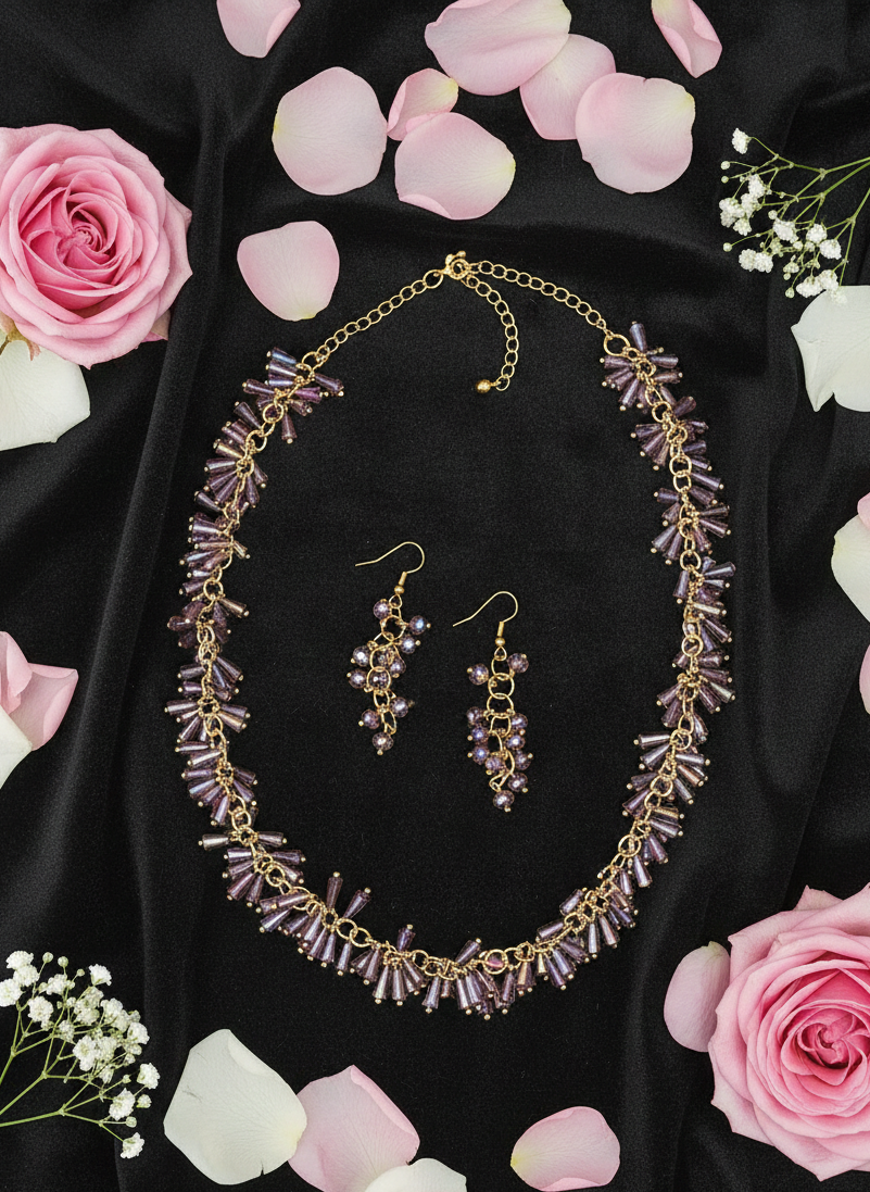 Beaded Purple Necklace Set with Earrings