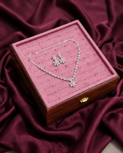 American Diamond Silver-Plated Flower Bloom Necklace Set Coruscate Jewels