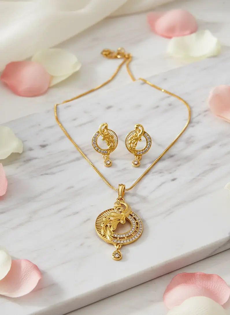 Gold Tone Pendant Set Golden Peacock Feather Coruscate Jewels