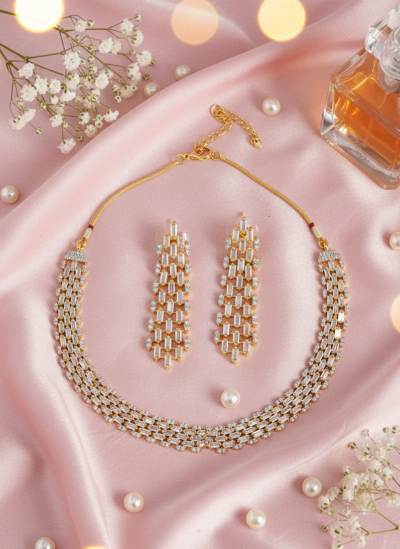 American Diamond Gold-Plated  Baguette Diamond Grace Necklace Set