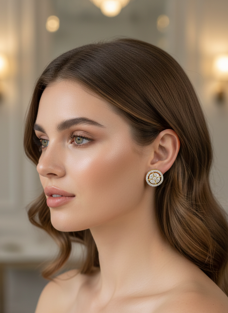Gold Plated AD Studded Round Border Earrings
