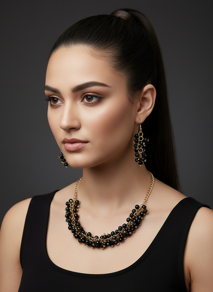 Black Beaded Gold Chain Necklace Set