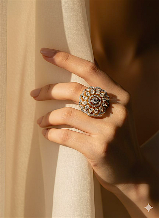 Coruscate Jewels Golden Bloom Floral CZ Adjustable Finger Ring