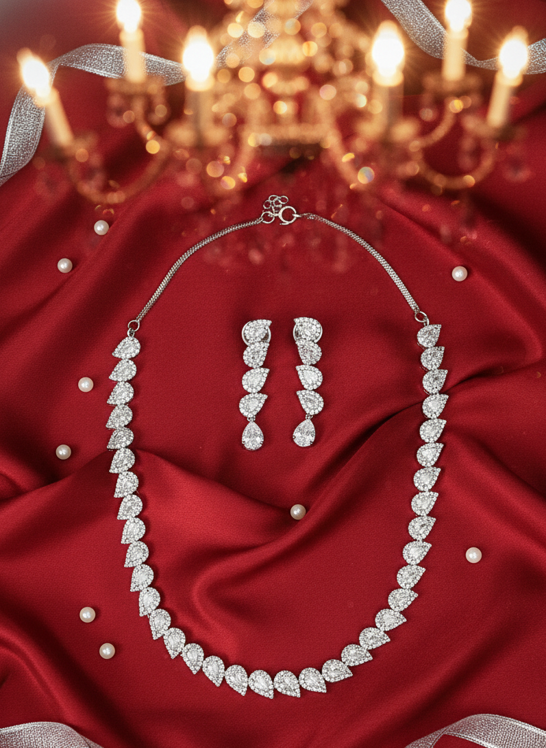 American Diamond Silver-Plated Wave Crystal Cascade Necklace Set