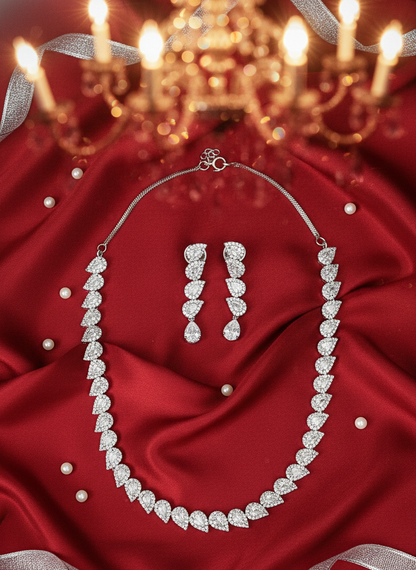 American Diamond Silver-Plated Wave Crystal Cascade Necklace Set