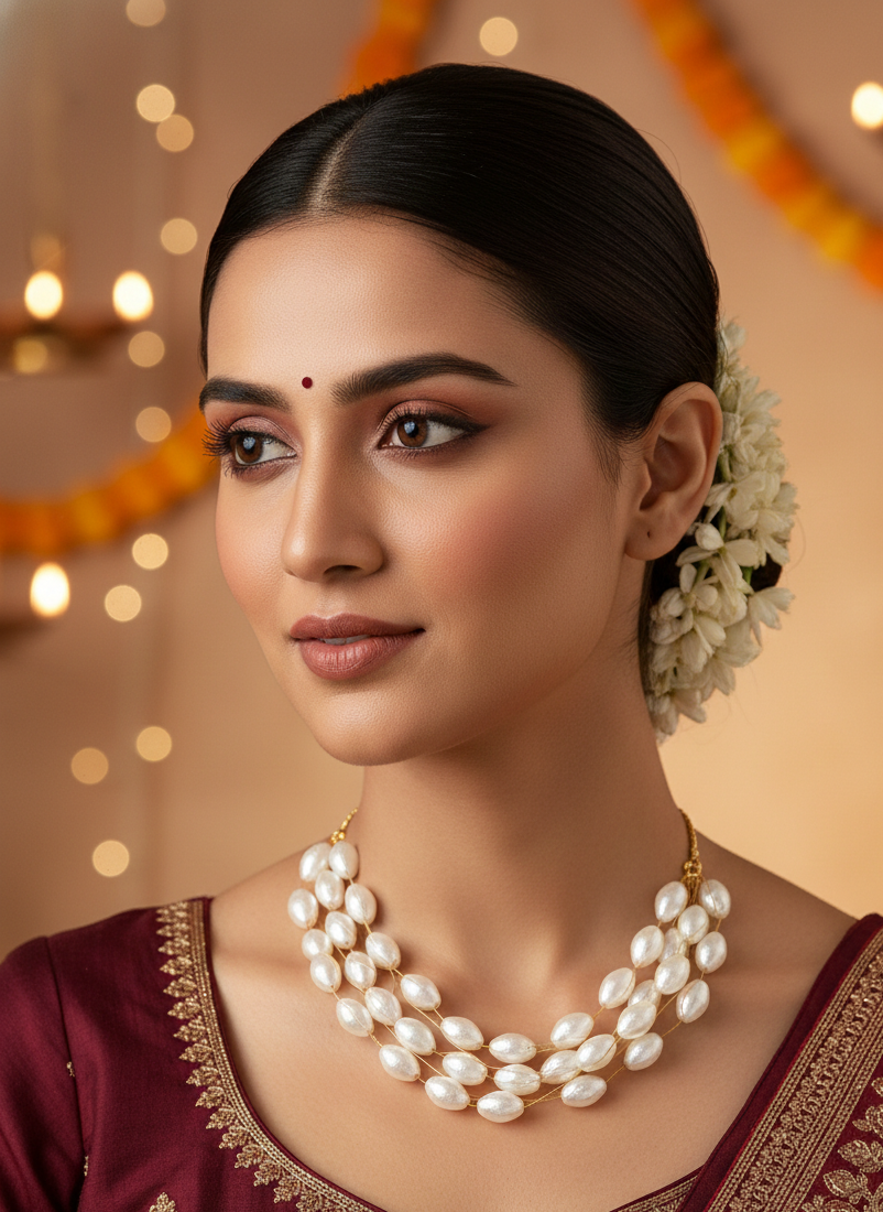 Gold Plated Thread Pearls Beaded Choker Necklace