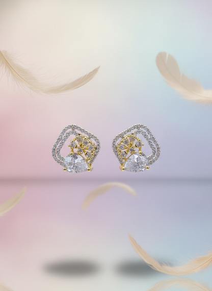 AD Earrings Gold Plated Teardrop Studded Square Design