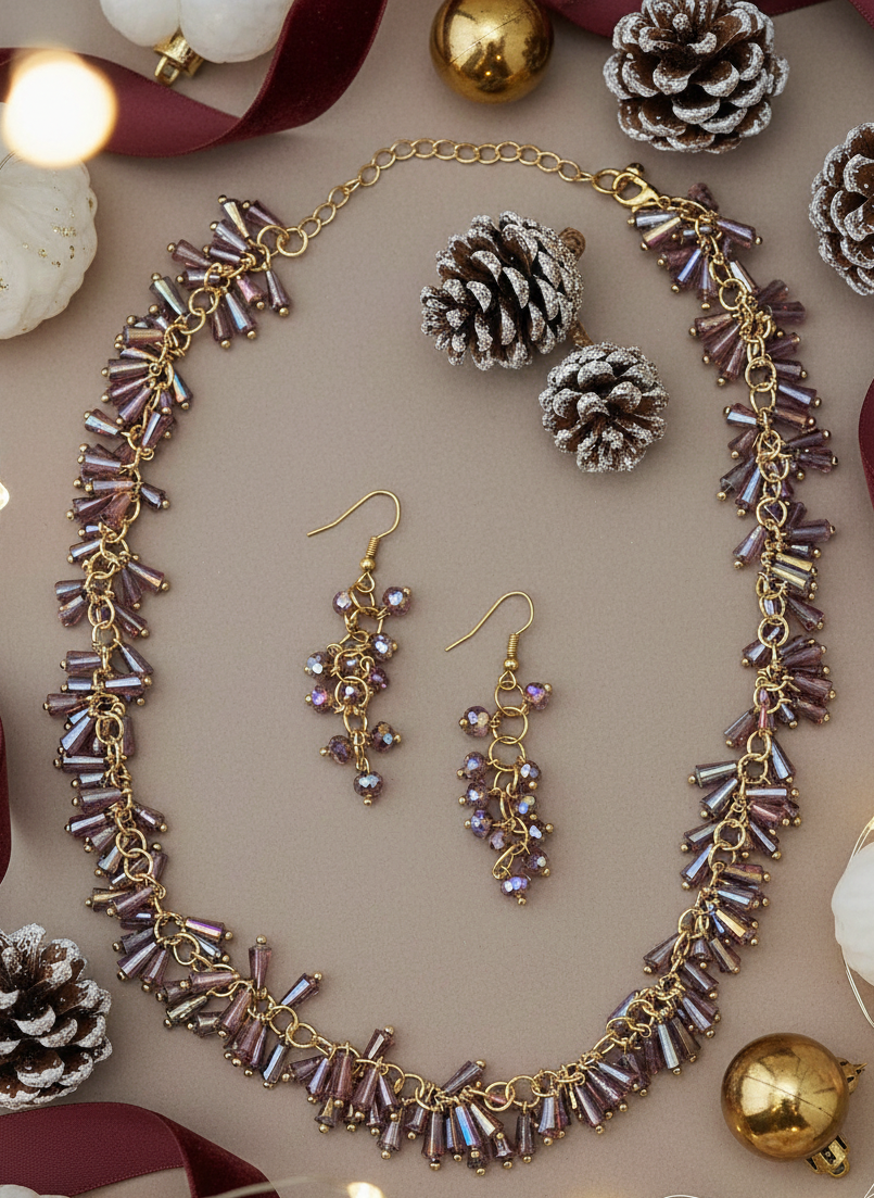Beaded Purple Necklace Set with Earrings