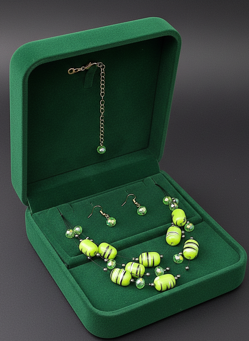 Green Striped Layered Beaded Necklace Set