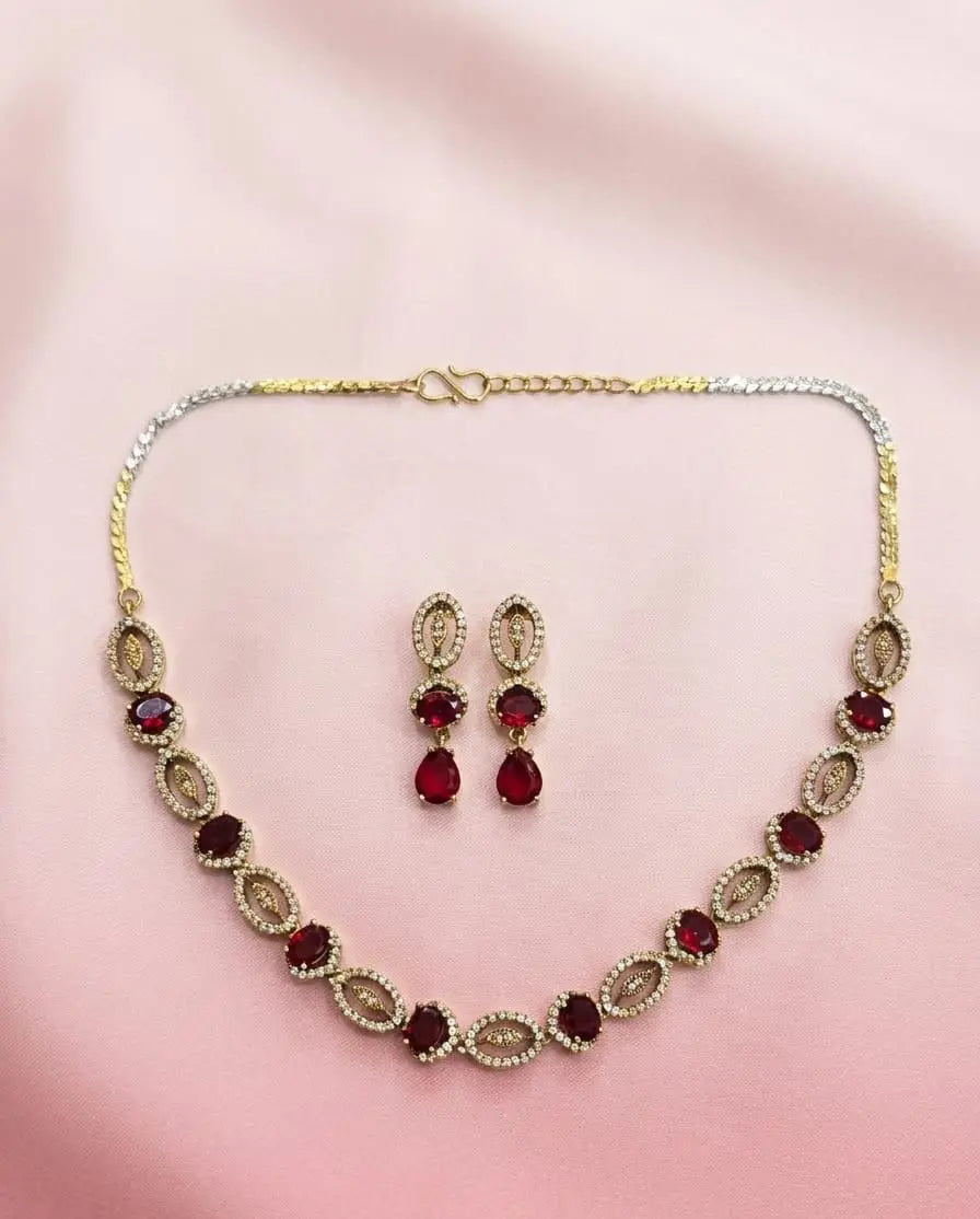 Gold-Plated American Diamond Maroon Royale Necklace Set Coruscate Jewels