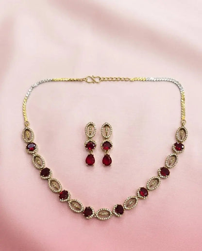 Gold-Plated American Diamond Maroon Royale Necklace Set Coruscate Jewels