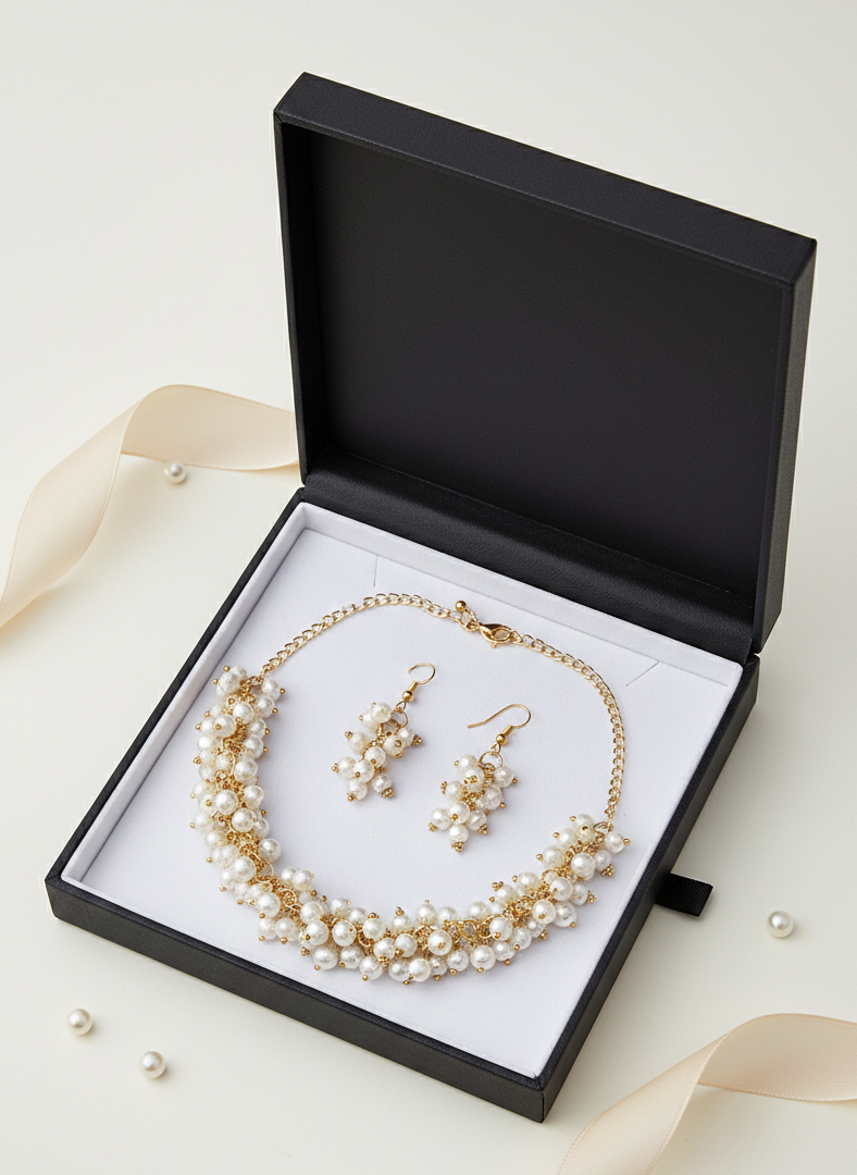 White Beaded Layered Gold Chain Necklace Set